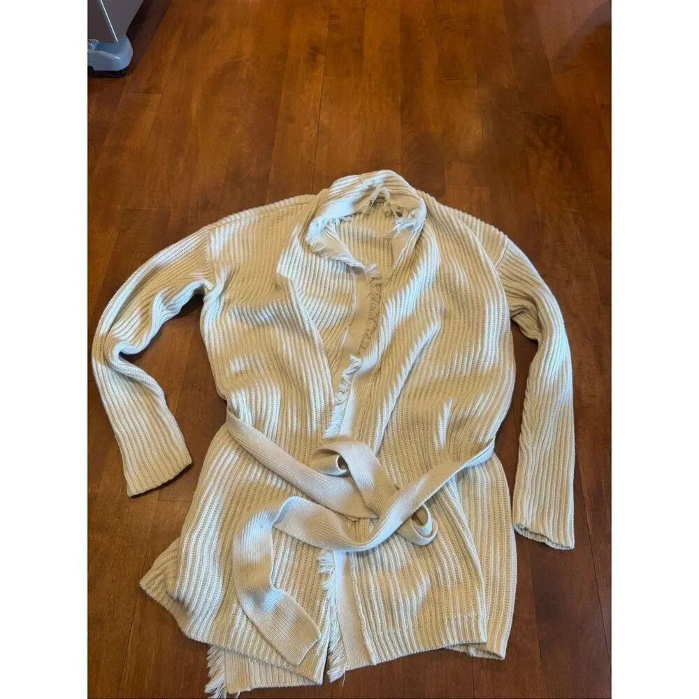 Antonio Melani Women’s Cream Fringe Cardigan Sweater Belted Chunky Knit Size M